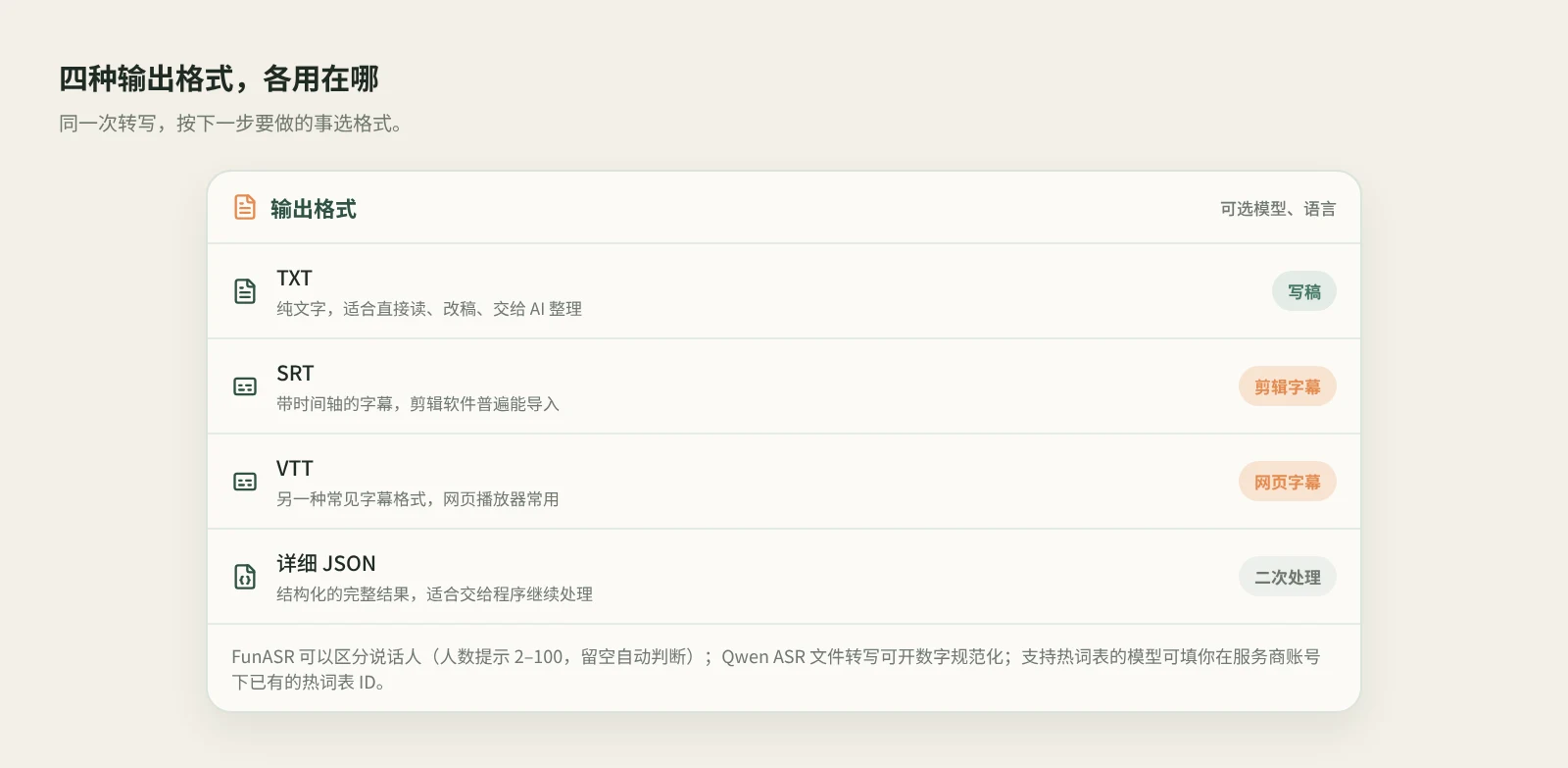 四种输出格式的用途:TXT 写稿、SRT 剪辑字幕、VTT 网页字幕、详细 JSON 二次处理