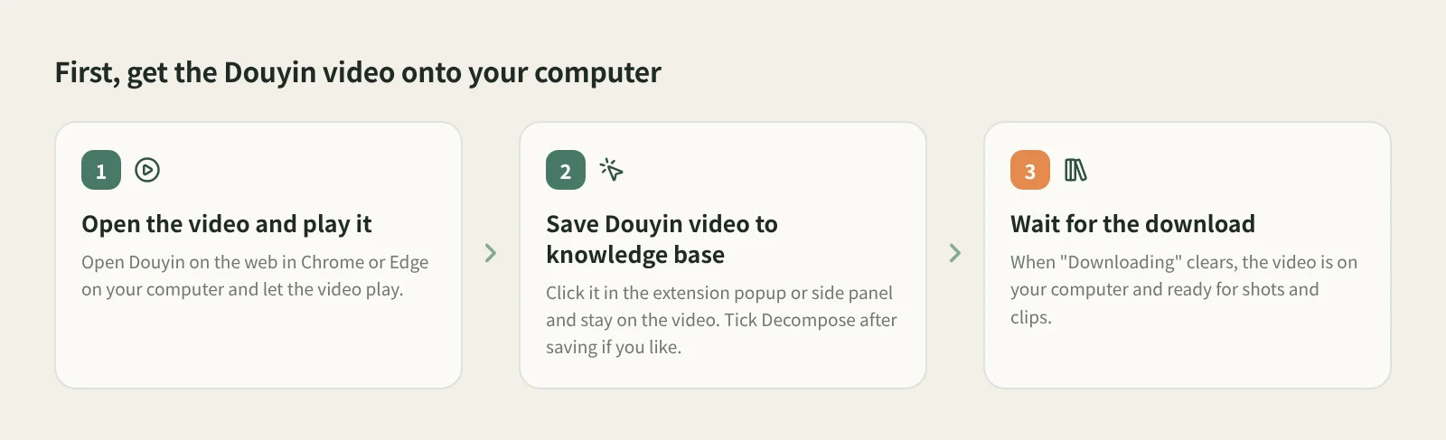 Three points for saving a Douyin video: open Douyin on the web and play the video, click Save Douyin video to knowledge base, wait for the download