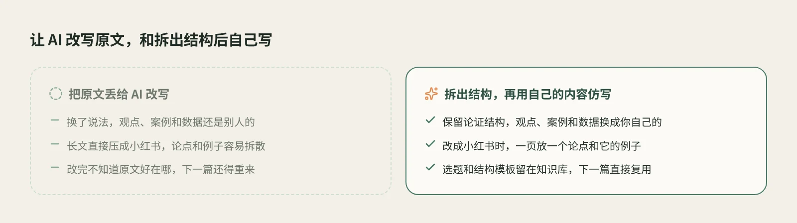 让 AI 改写原文和先拆结构再用自己的观点仿写的对比