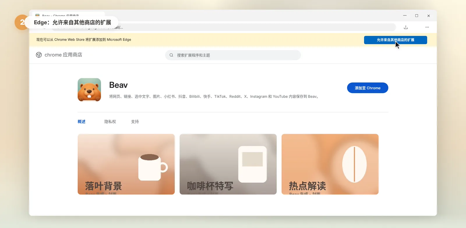 Edge 打开 Chrome 应用商店时顶部的允许来自其他商店的扩展提示