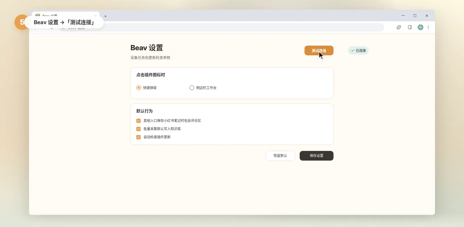 Beav 插件设置页的测试连接按钮