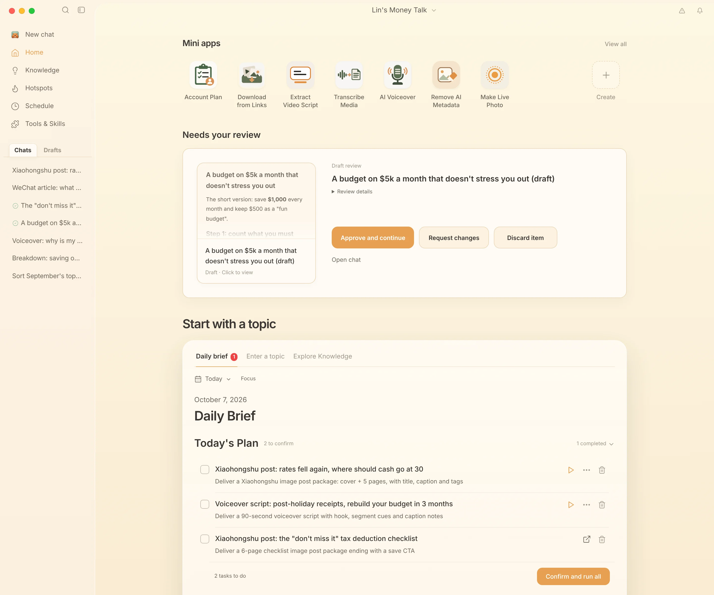 The top of the Beav Home page: mini apps, a Needs your review card, and the daily brief with Today's Plan under Start with a topic
