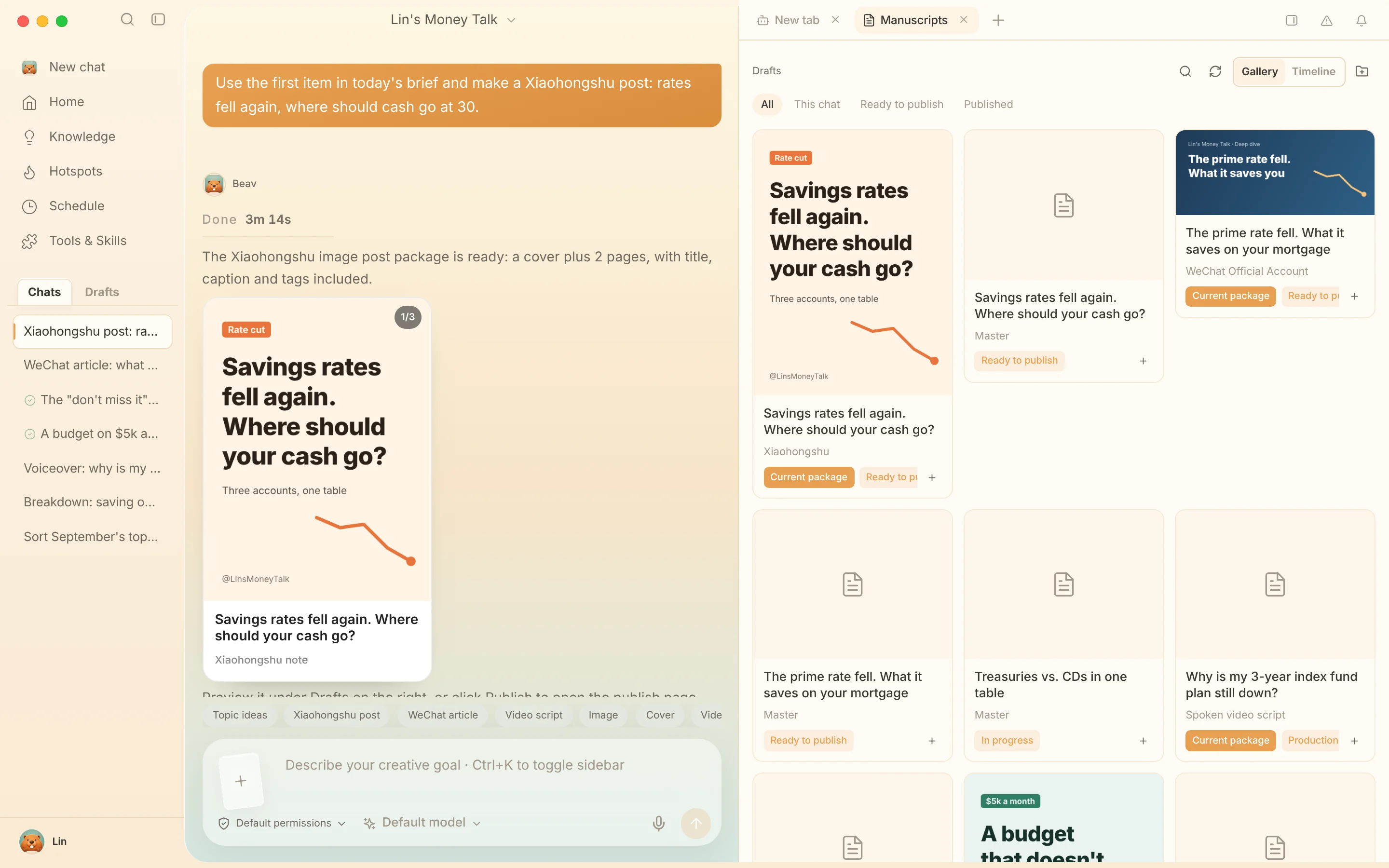 The Manuscripts tab in the chat workspace set to All, showing master drafts and Xiaohongshu, WeChat and voiceover packages in gallery view with their status