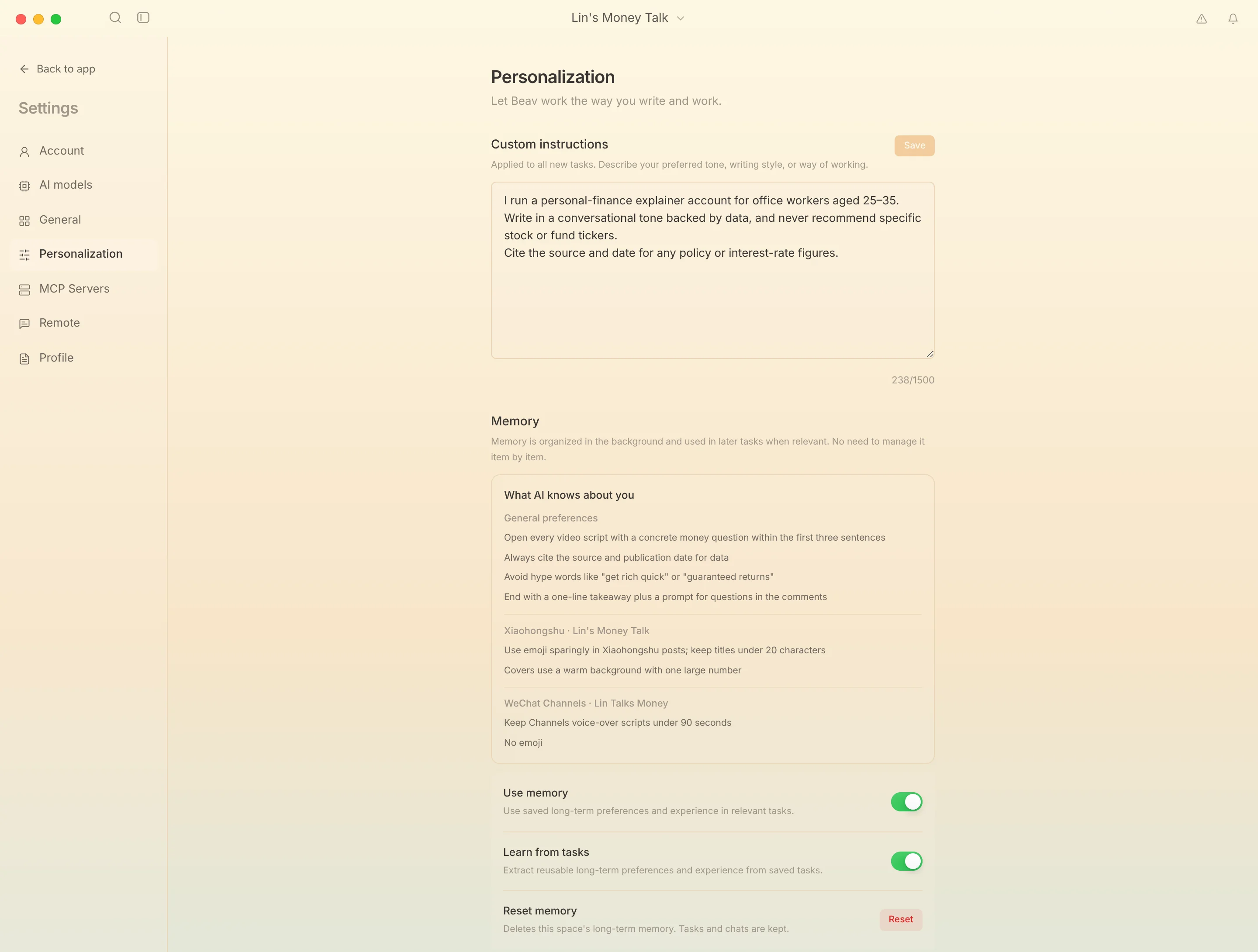 Personalization settings: custom instructions, memories grouped into general and per-account preferences, and the Use memory, Learn from tasks and Reset memory controls