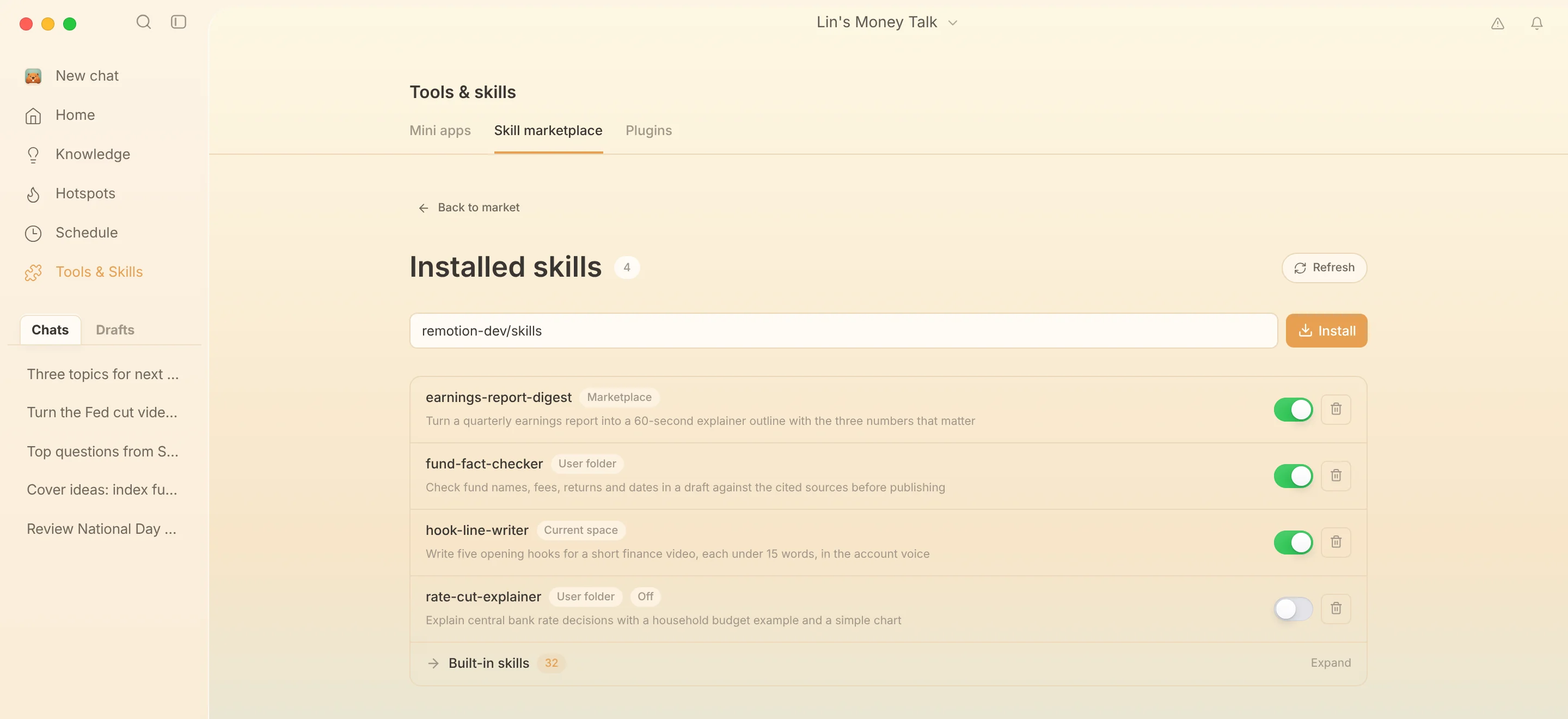 The Installed skills page with a GitHub repo input and Install button, four installed skills with source tags, toggles and delete buttons, and a collapsed Built-in skills group